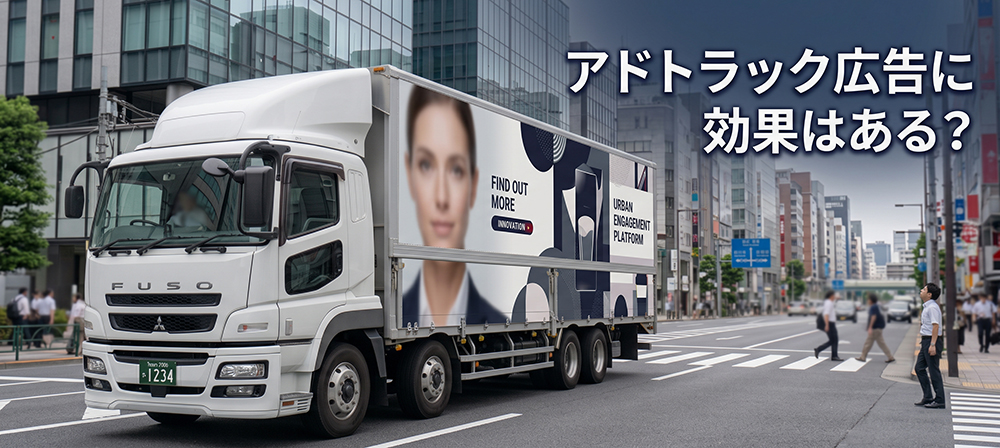 ダミー広告を掲載したロングアドトラックが街中で注目される様子