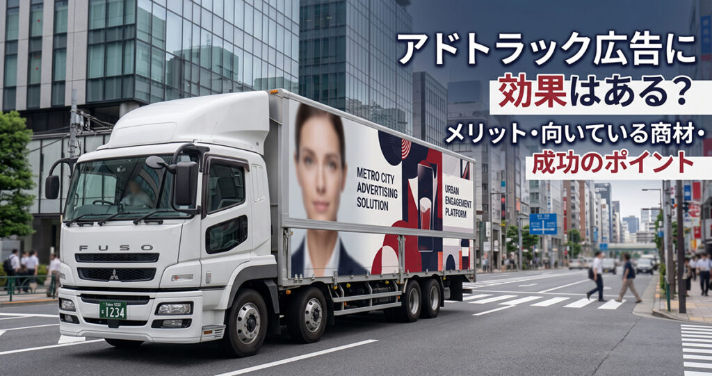 ダミー広告を掲出したロングアドトラックが都市部を走行する広告イメージ