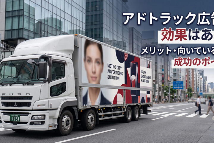 ダミー広告を掲出したロングアドトラックが都市部を走行する広告イメージ