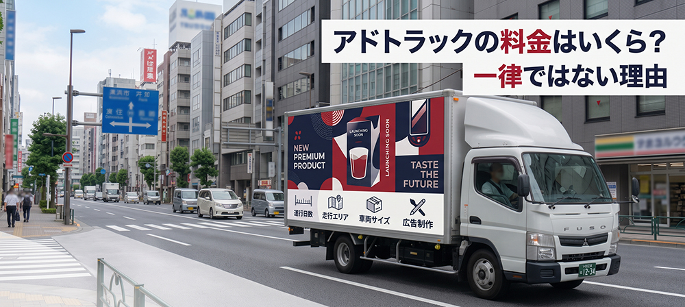 広告を掲出したアドトラックと料金が複数条件で決まるイメージ
