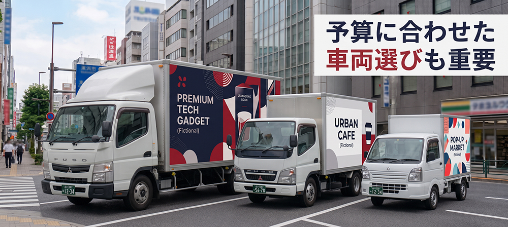 広告を掲出した複数のアドトラックを比較して車両を選ぶイメージ