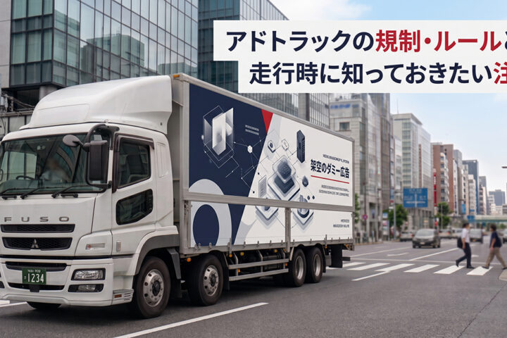 ダミー広告を掲載したアドトラックが都市部を安全に走行するイメージ