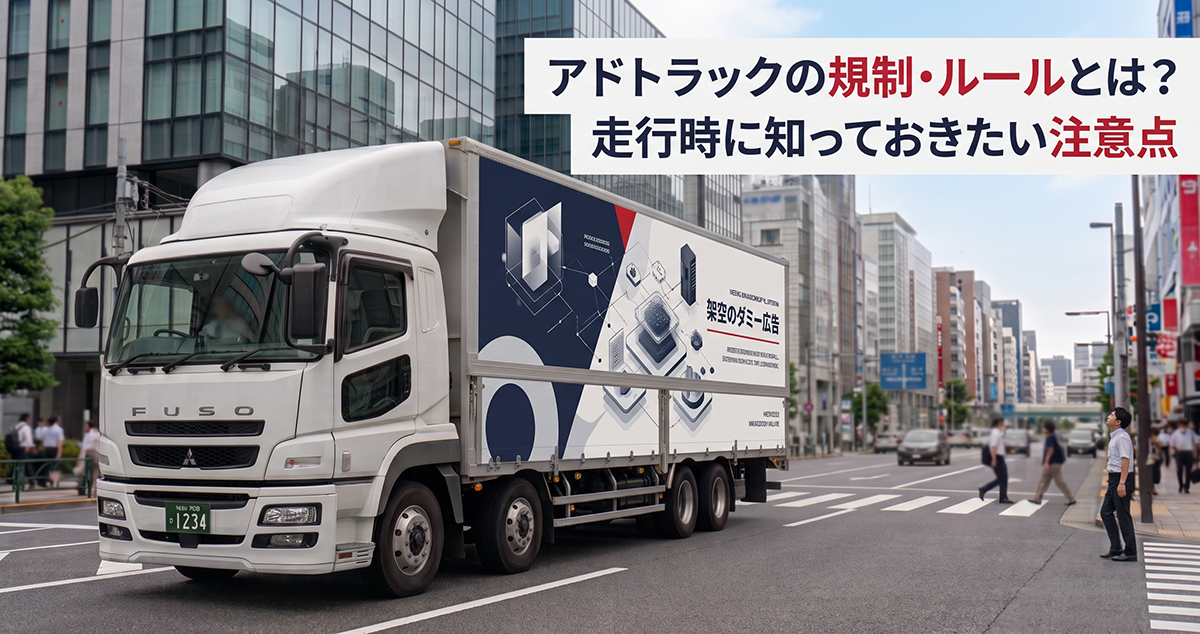 ダミー広告を掲載したアドトラックが都市部を安全に走行するイメージ