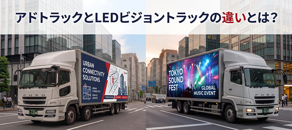 ダミー広告を掲載した通常アドトラックとLEDビジョントラックの比較