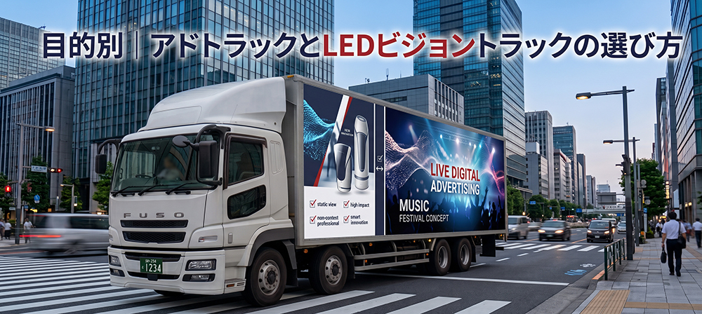 広告目的に応じて通常アドトラックとLEDビジョントラックを比較する画像