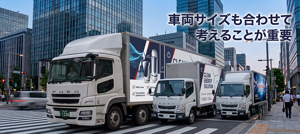 サイズの異なるダミー広告掲載アドトラックを比較するイメージ