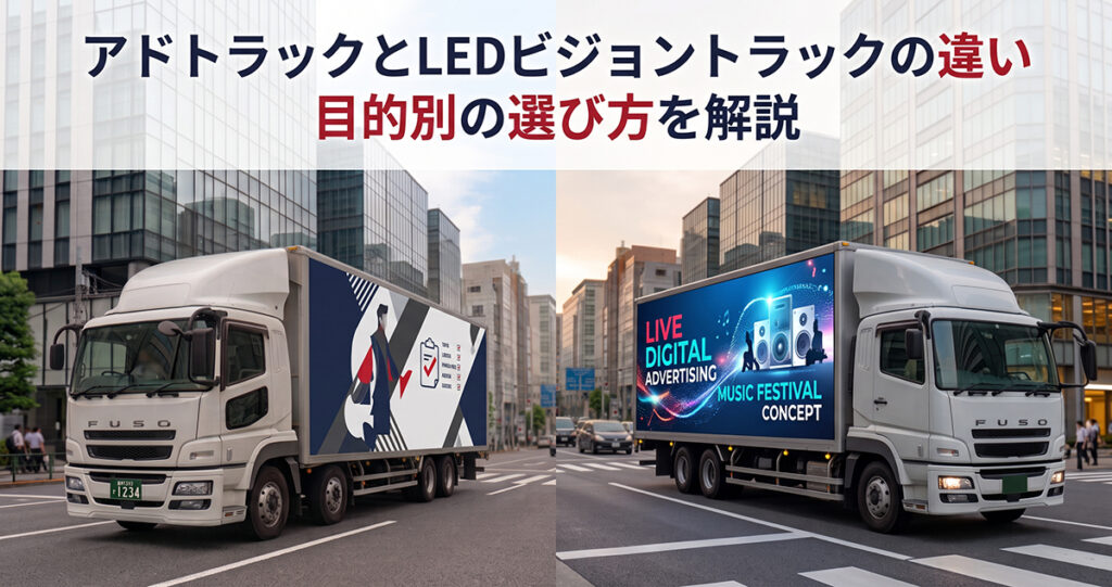 ダミー広告を掲載した通常アドトラックとLEDビジョントラックを比較するイメージ