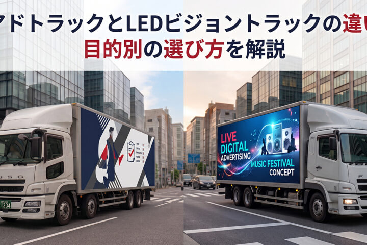 ダミー広告を掲載した通常アドトラックとLEDビジョントラックを比較するイメージ