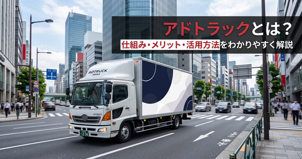 街中を走行する大型アドトラックとアドトラックの仕組みを紹介するコラム画像
